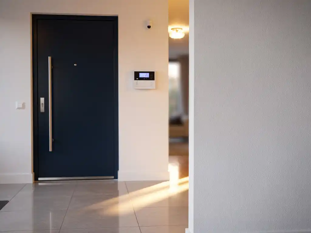 Inbraakalarmcentrale en bewegingssensor naast een voordeur in een Nederlandse woning met warme verlichting en gepolijste tegelvloer.