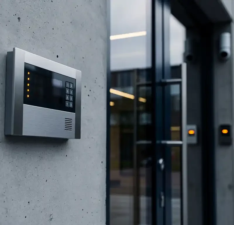 Beveiligingspaneel op buitenmuur van modern Rotterdams kantoorgebouw met bewegingssensoren bij glazen toegangsdeur.