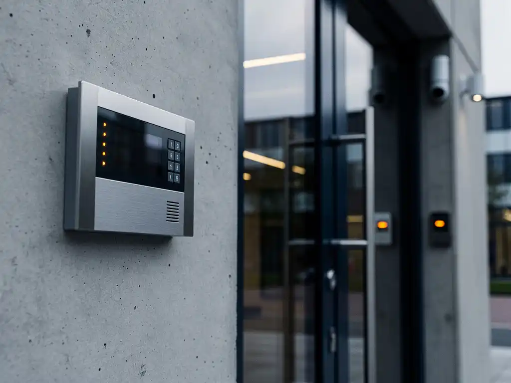 Beveiligingspaneel op buitenmuur van modern Rotterdams kantoorgebouw met bewegingssensoren bij glazen toegangsdeur.