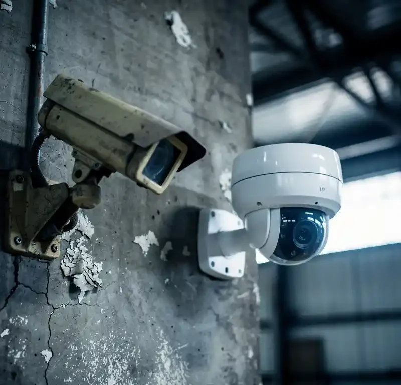 Verouderde analoge CCTV-camera naast moderne IP-beveiligingscamera op betonnen muur in industrieel magazijn.