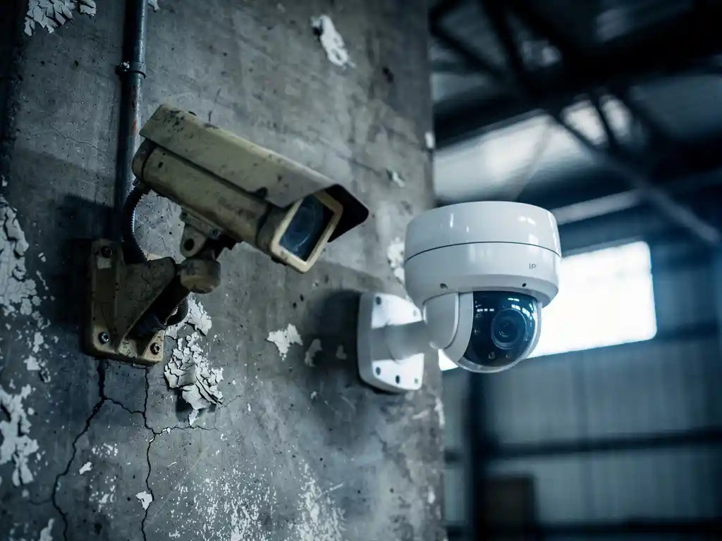 Verouderde analoge CCTV-camera naast moderne IP-beveiligingscamera op betonnen muur in industrieel magazijn.