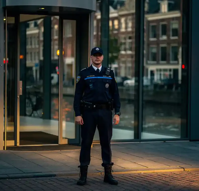 Beveiligingsmedewerker in uniform bij ingang van modern glazen kantoorgebouw in Nederlandse stad, avondlicht en kanaалreflecties op de achtergrond.