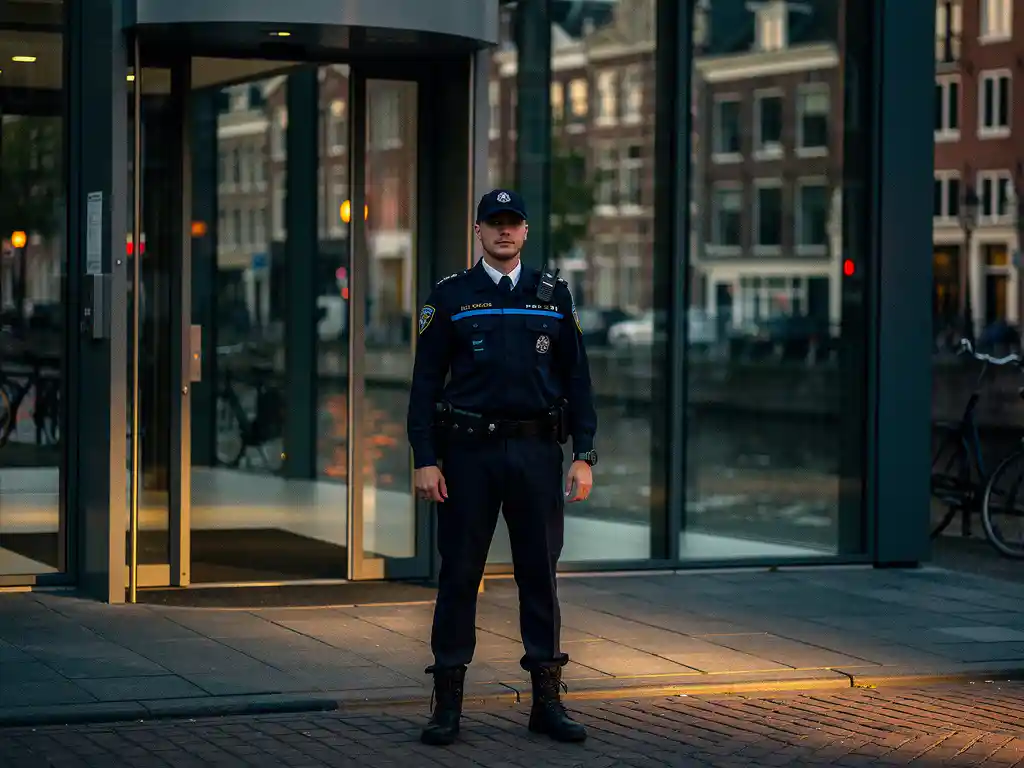 Beveiligingsmedewerker in uniform bij ingang van modern glazen kantoorgebouw in Nederlandse stad, avondlicht en kanaалreflecties op de achtergrond.