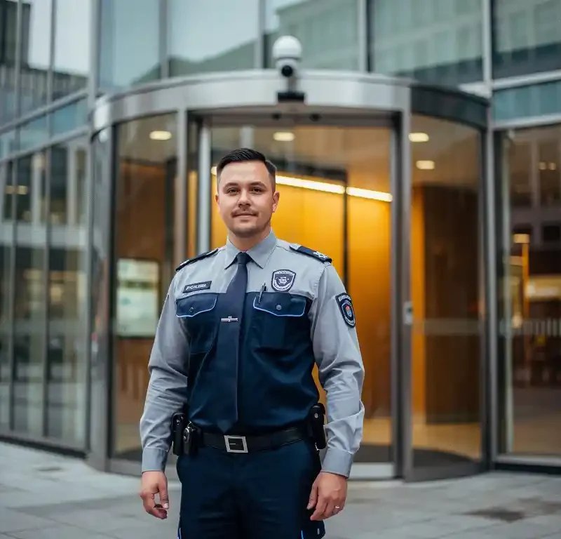 Beveiliger in uniform bij de ingang van een modern glazen kantoorgebouw in een Nederlands stedelijk zakendistrict.