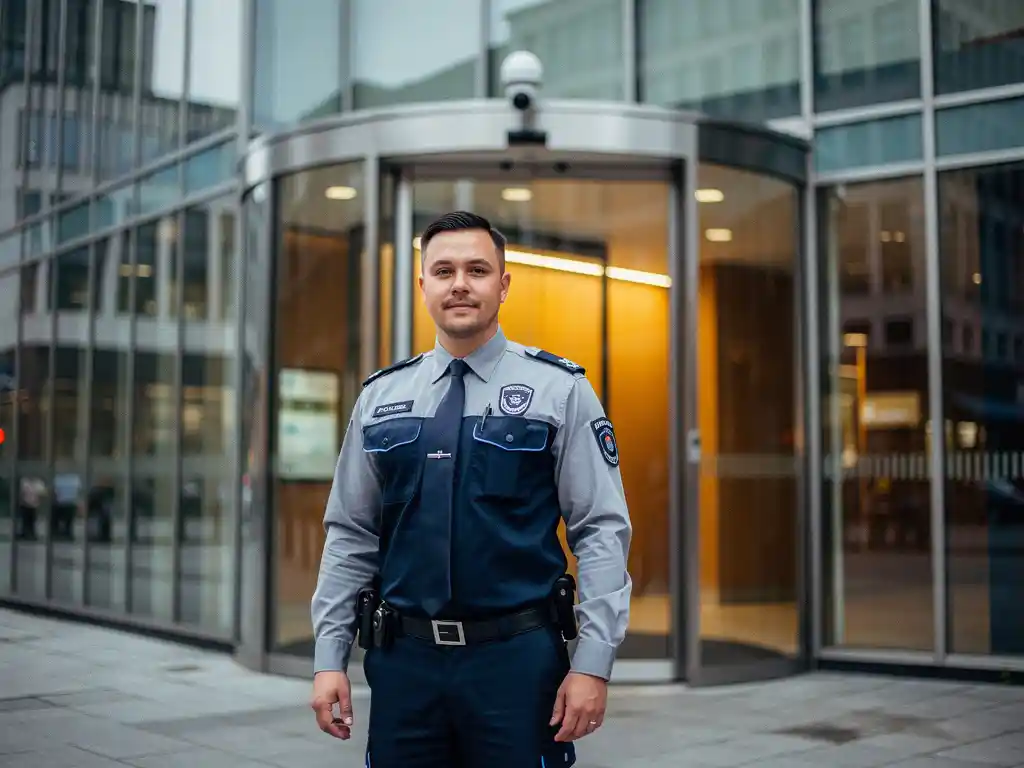 Beveiliger in uniform bij de ingang van een modern glazen kantoorgebouw in een Nederlands stedelijk zakendistrict.