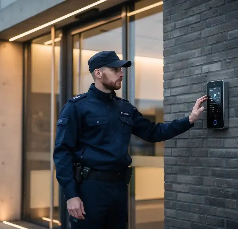 Beveiliger in uniform bij ingang van modern Nederlands kantoorgebouw, controleert digitaal toegangspaneel op bakstenen muur.