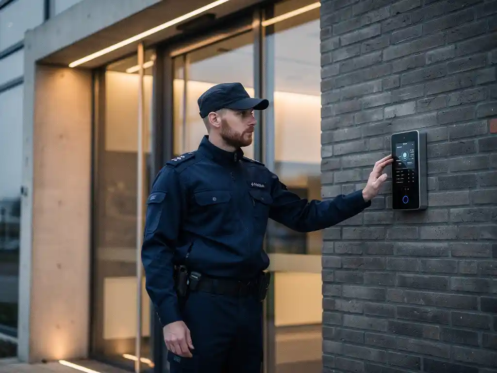 Beveiliger in uniform bij ingang van modern Nederlands kantoorgebouw, controleert digitaal toegangspaneel op bakstenen muur.