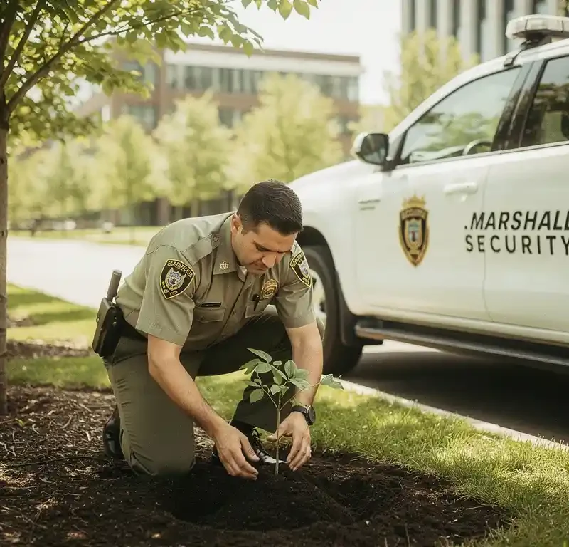 Beveiligingsmedewerker van Marshall Security plant een sappeling in donkere aarde op een bedrijfscampus naast een wit patrouillevoertuig.