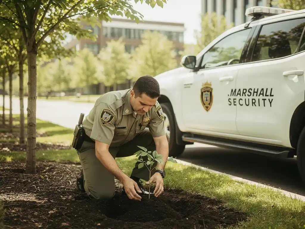 Beveiligingsmedewerker van Marshall Security plant een sappeling in donkere aarde op een bedrijfscampus naast een wit patrouillevoertuig.