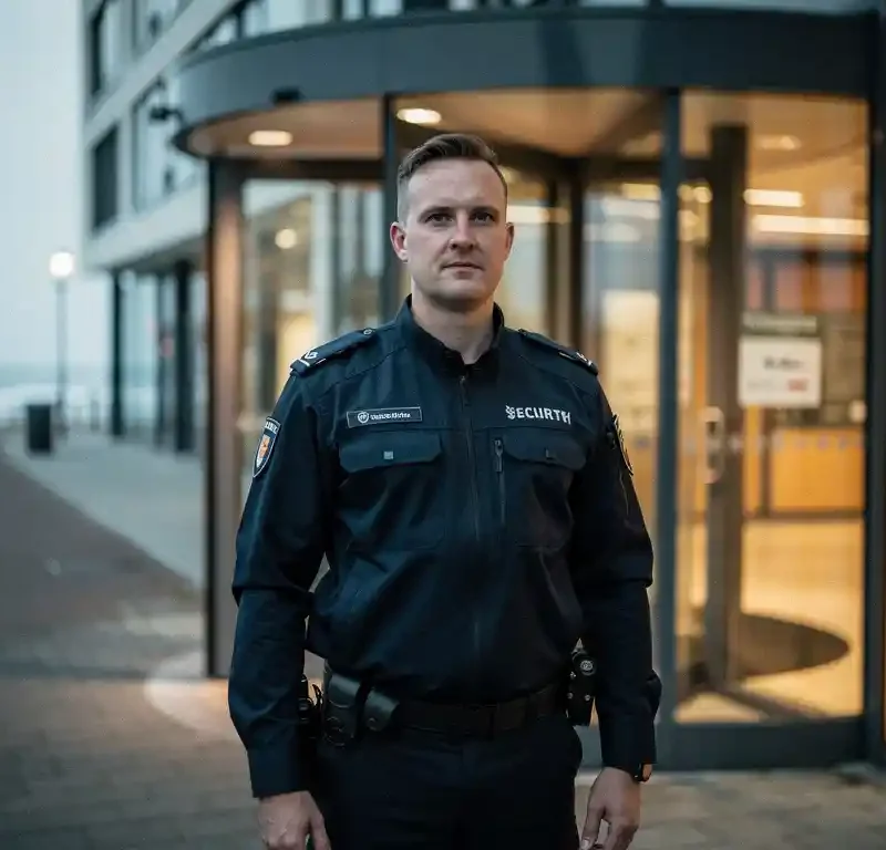 Beveiliger in donker uniform bij de ingang van een modern Nederlands bedrijfspand in een rustige kustplaats.