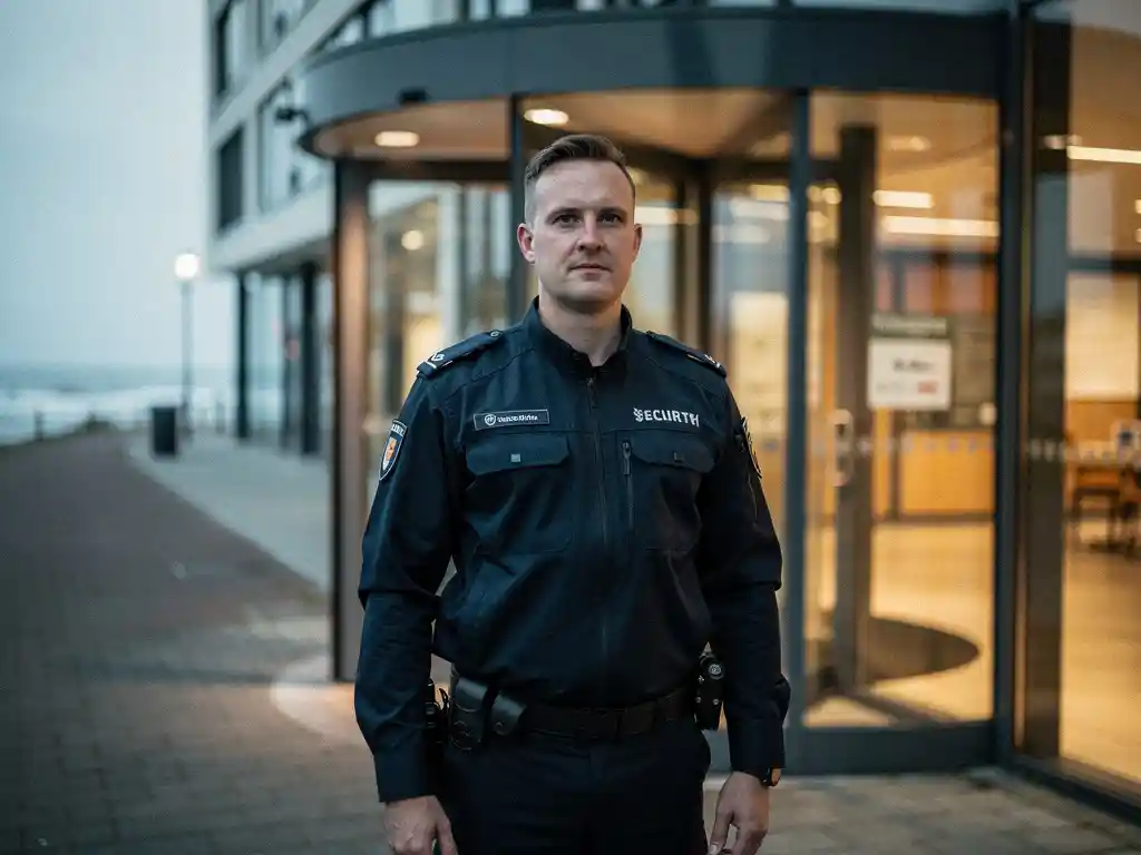 Beveiliger in donker uniform bij de ingang van een modern Nederlands bedrijfspand in een rustige kustplaats.