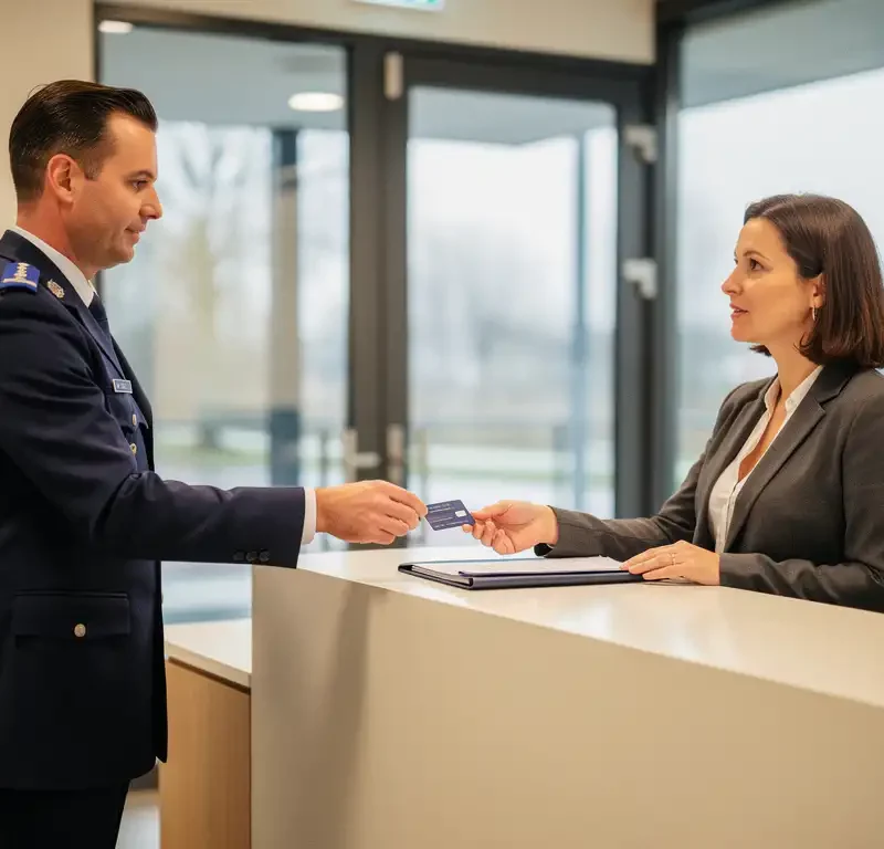 Beveiliger in uniform overhandigt keycard en contractmap aan ondernemer bij receptiebalie in modern Nederlands kantoor.