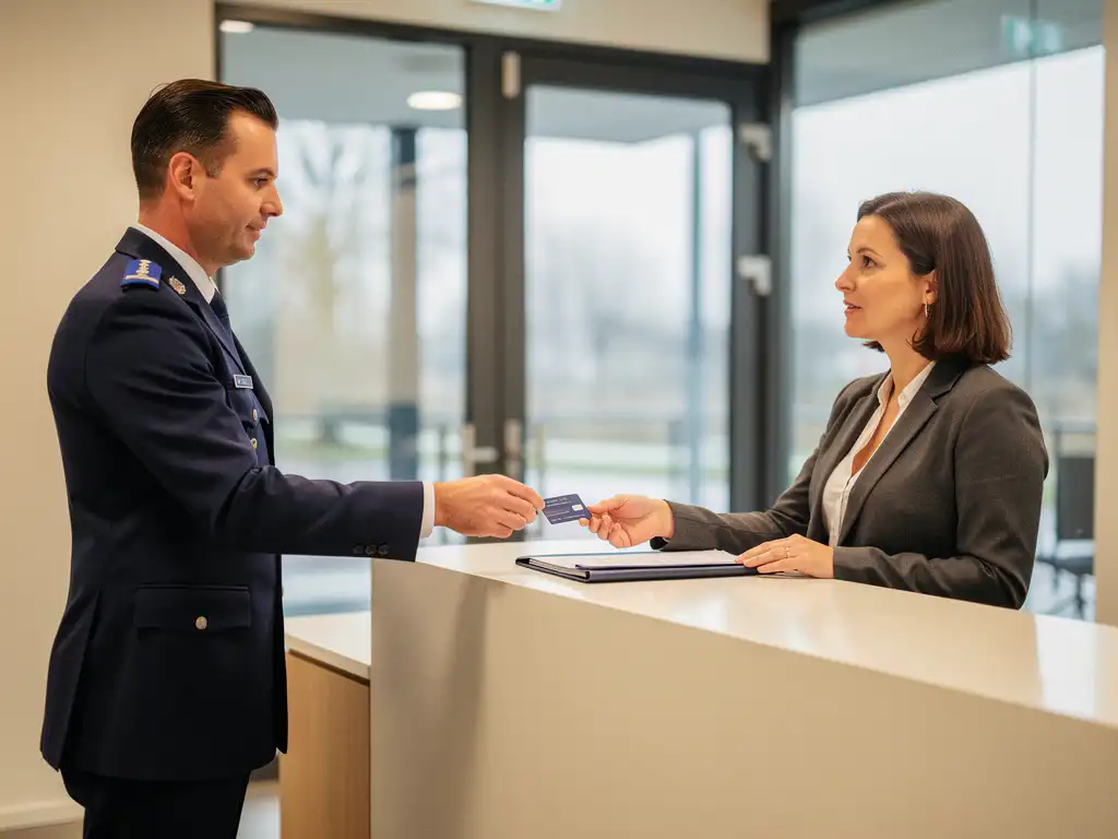 Beveiliger in uniform overhandigt keycard en contractmap aan ondernemer bij receptiebalie in modern Nederlands kantoor.