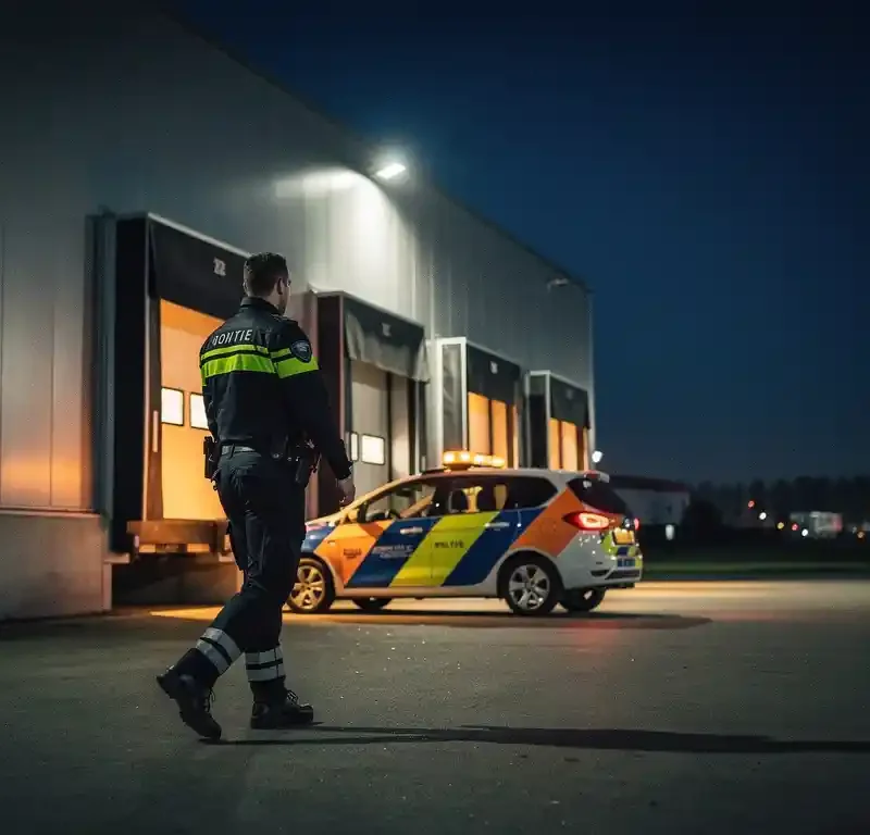 Beveiliger in uniform patrouilleert 's nachts op Nederlands industrieterrein langs verlicht magazijn met laadkades en bewakingsvoertuig.