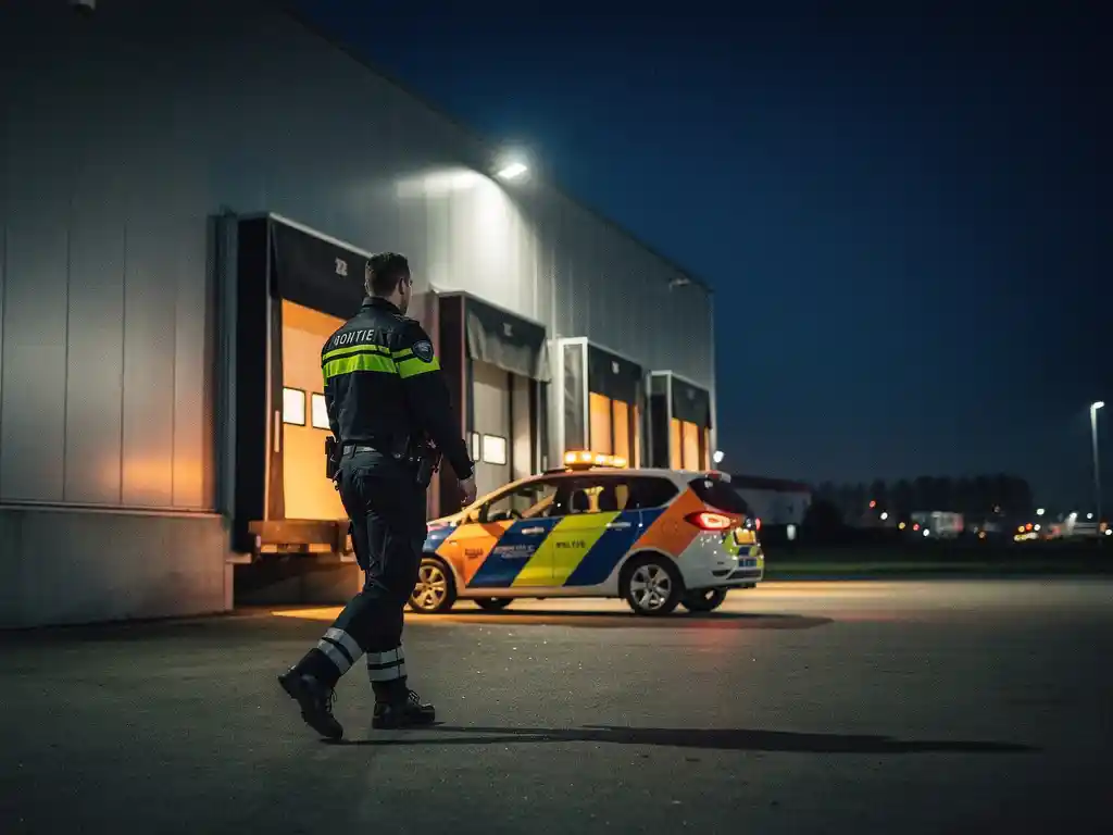 Beveiliger in uniform patrouilleert 's nachts op Nederlands industrieterrein langs verlicht magazijn met laadkades en bewakingsvoertuig.