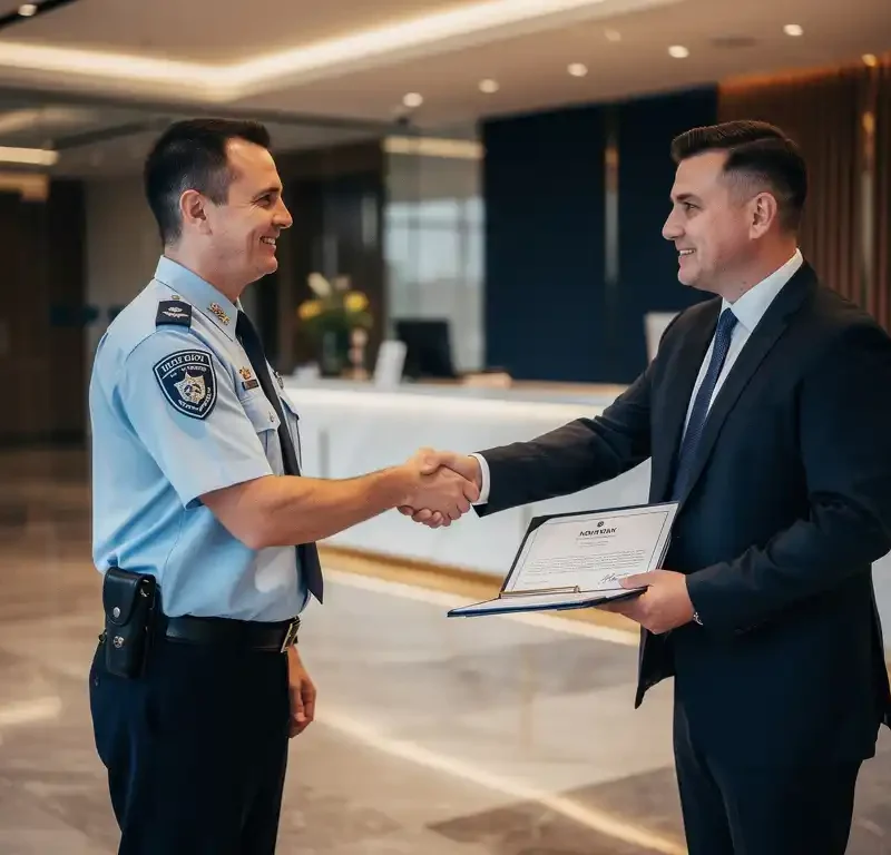 Beveiligingsbeambte in uniform schudt hand met zakelijke klant in moderne bedrijfslobby, getekend contract op receptiebalie.