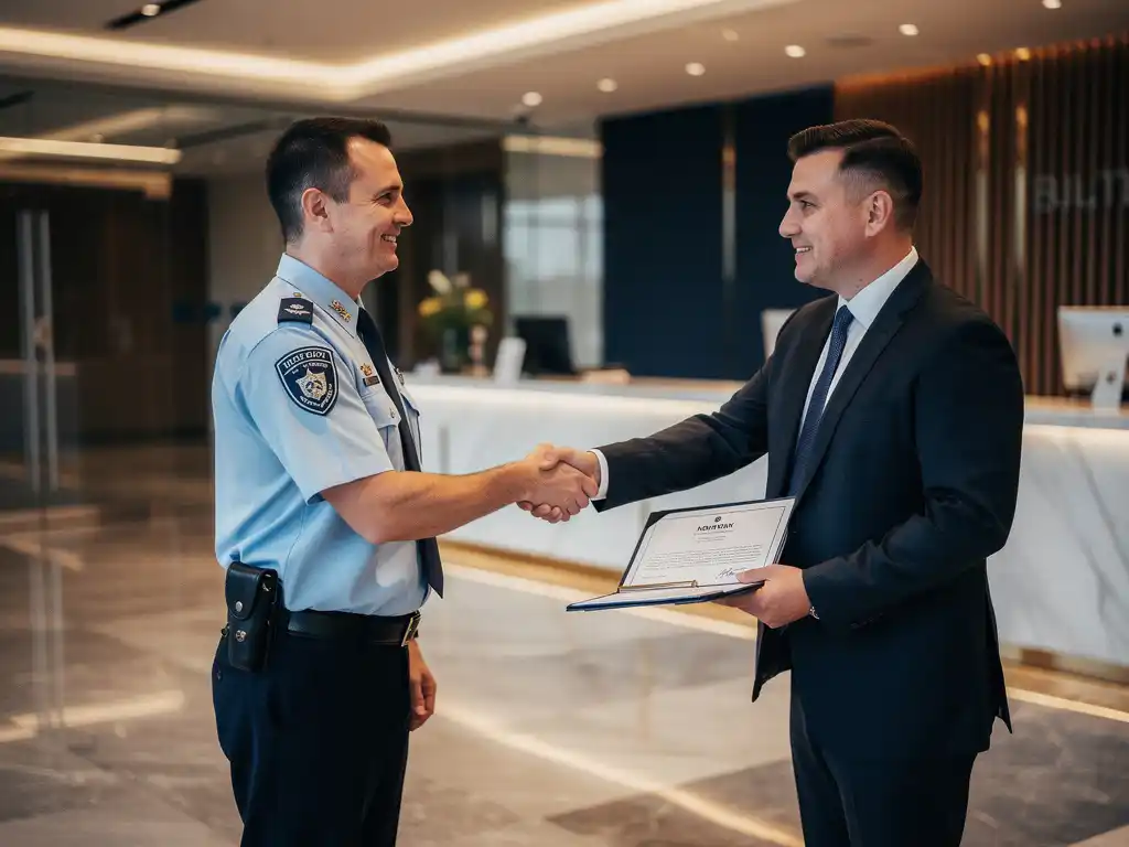 Beveiligingsbeambte in uniform schudt hand met zakelijke klant in moderne bedrijfslobby, getekend contract op receptiebalie.