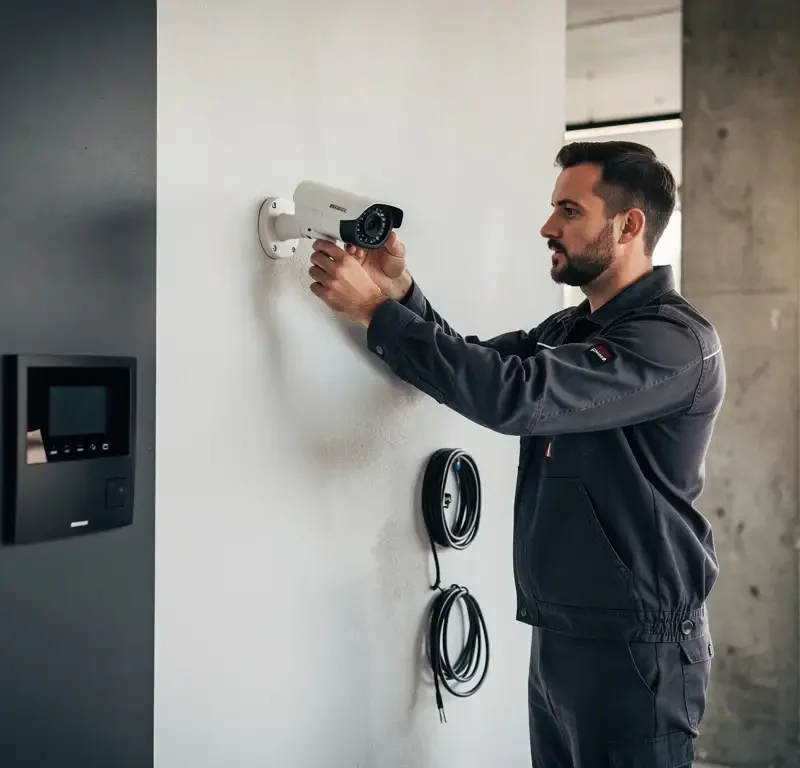 Beveiligingstechnicus installeert HD-camera op gepleisterde muur in gerenoveerd bedrijfspand met zichtbare kabels en alarmpaneel.