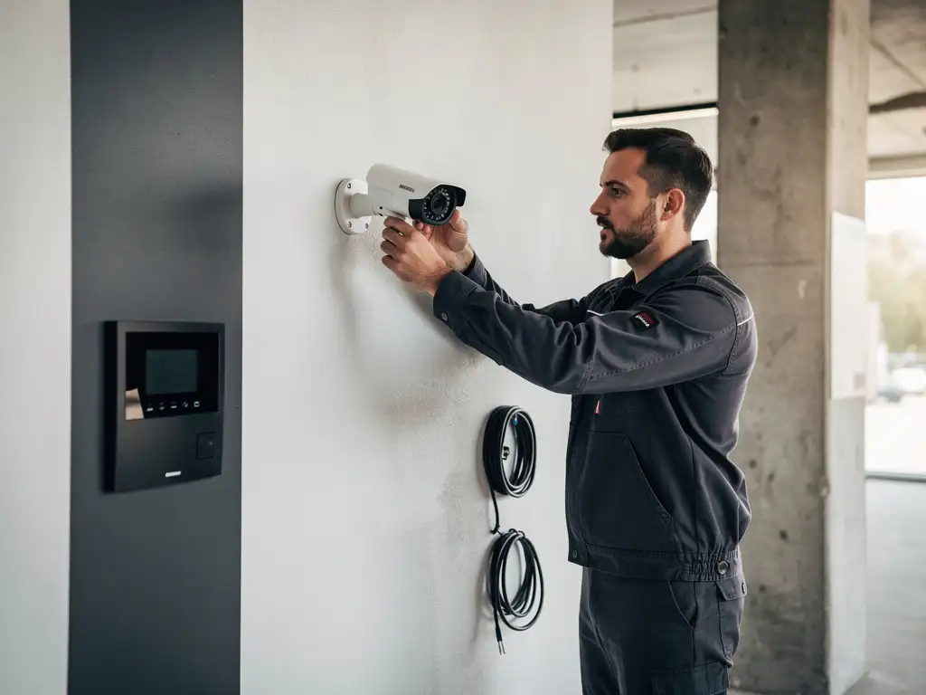 Beveiligingstechnicus installeert HD-camera op gepleisterde muur in gerenoveerd bedrijfspand met zichtbare kabels en alarmpaneel.