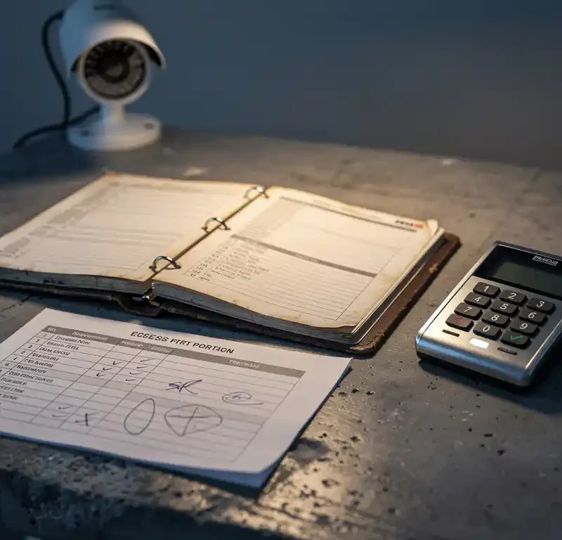 Versleten beveiligingsmap open op betonnen bureau naast toegangscontrolekeypad, met inspectielijst en bijgewerkt protocol onder warmgeel bureaulampicht.