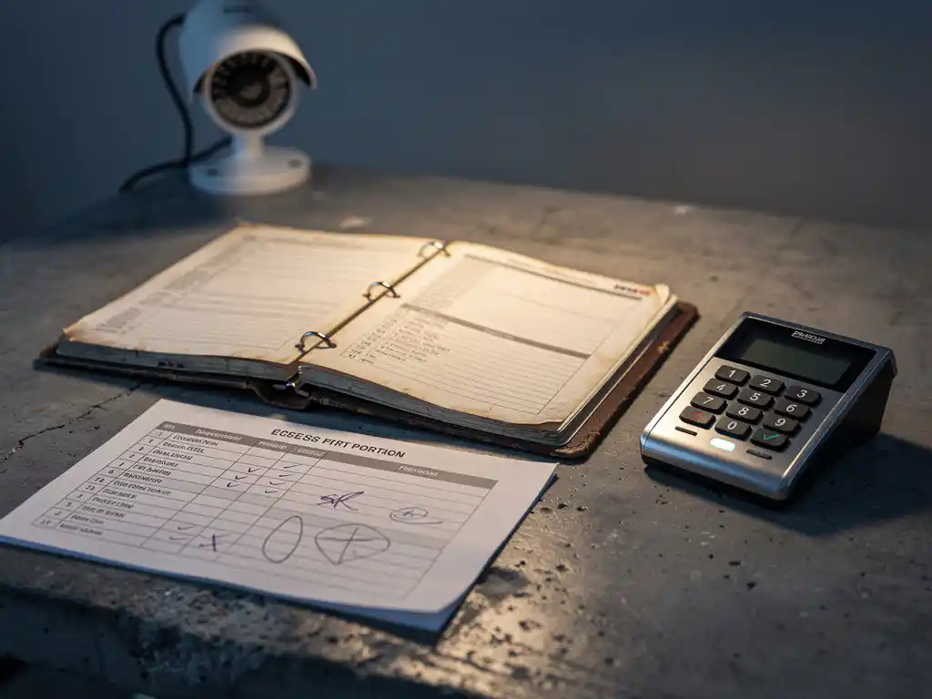 Versleten beveiligingsmap open op betonnen bureau naast toegangscontrolekeypad, met inspectielijst en bijgewerkt protocol onder warmgeel bureaulampicht.