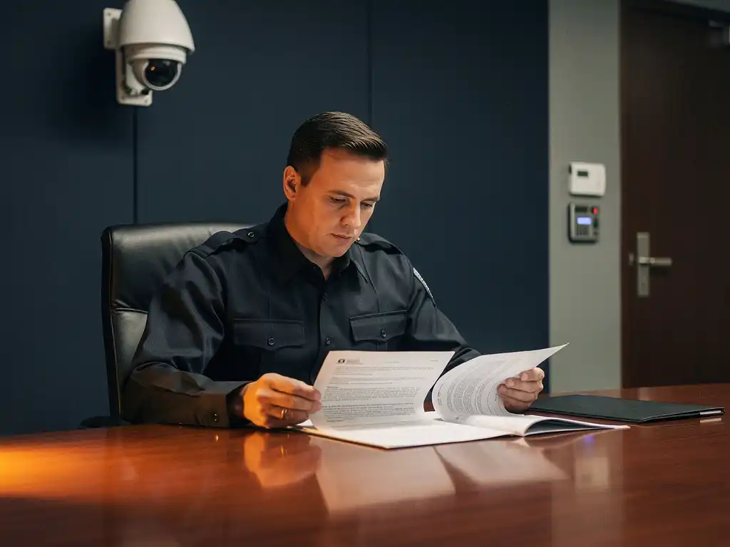 Beveiligingsmedewerker in donker uniform bekijkt contract aan vergadertafel, met toegangscontrolepaneel en bewakingscamera op achtergrond.