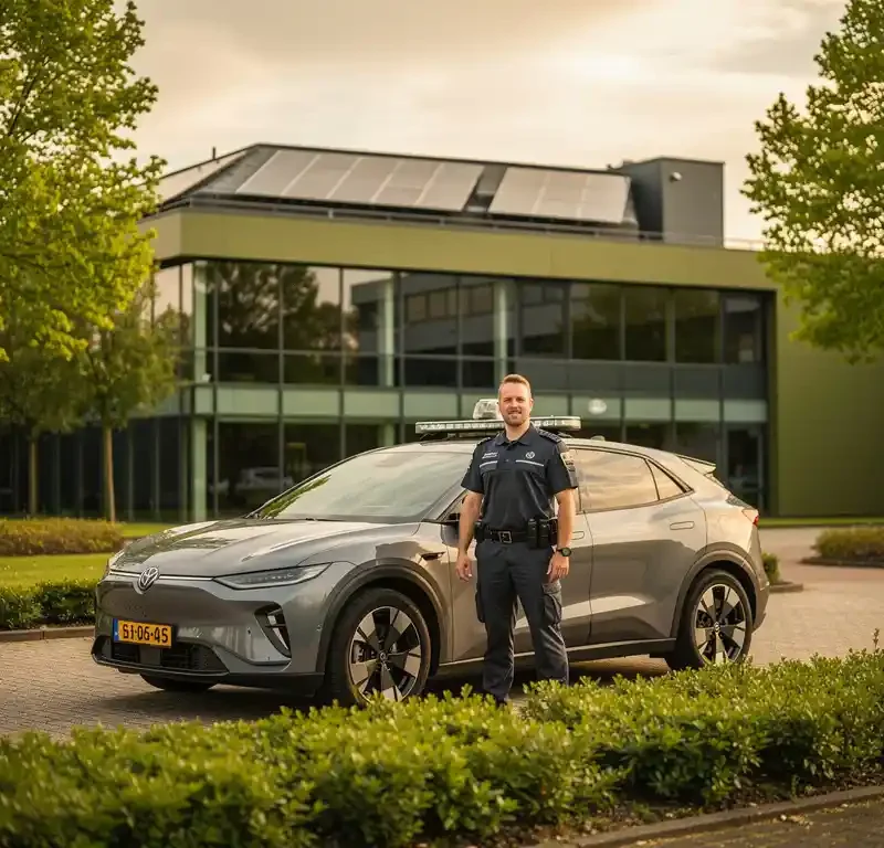 Beveiliger in donker uniform naast elektrisch patrouilevoertuig op Nederlands bedrijfsterrein met zonnepanelen op modern gebouw.