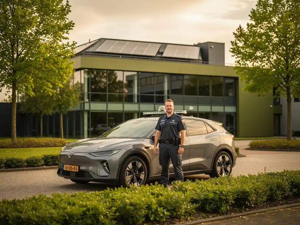 Beveiliger in donker uniform naast elektrisch patrouilevoertuig op Nederlands bedrijfsterrein met zonnepanelen op modern gebouw.
