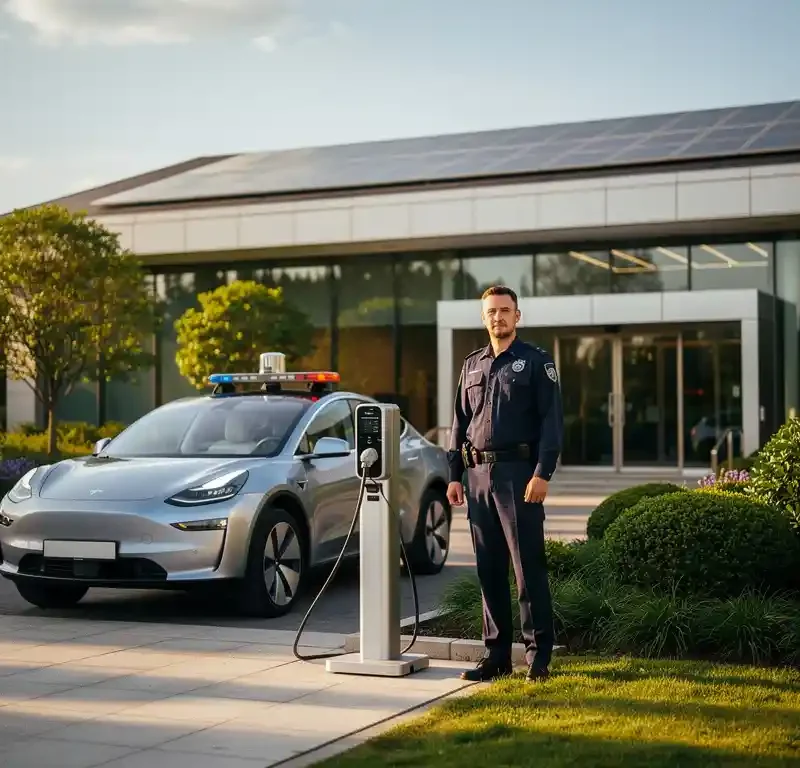 Beveiligingsmedewerker in donker uniform naast een elektrisch patrouilleevoertuig bij een modern zonnepanelenfaciliteit, omgeven door weelderig groen.