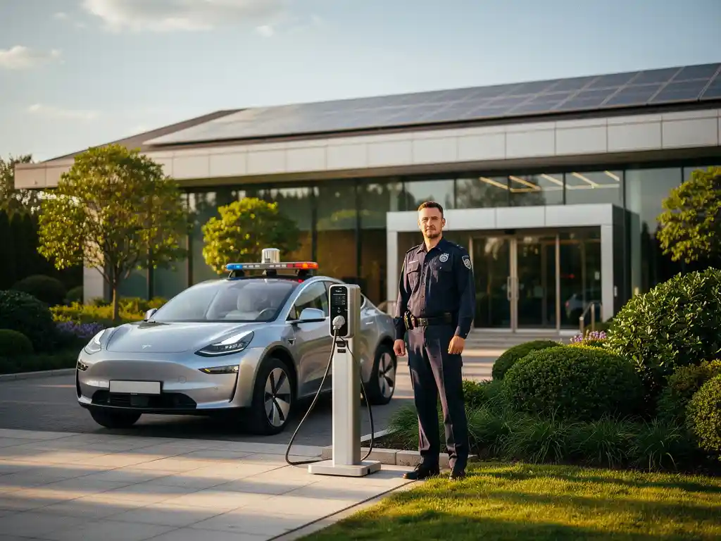 Beveiligingsmedewerker in donker uniform naast een elektrisch patrouilleevoertuig bij een modern zonnepanelenfaciliteit, omgeven door weelderig groen.