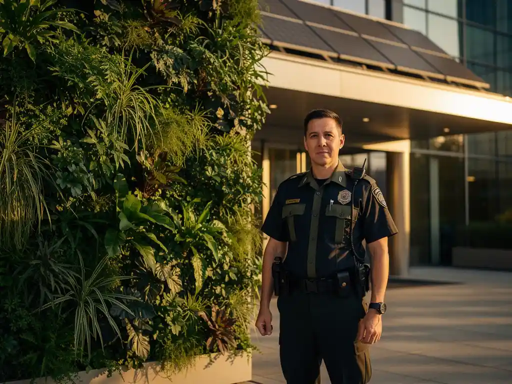 Beveiliger in uniform bij de ingang van een modern bedrijfsgebouw met een groene plantenmuur en zonnepanelen op het dak.