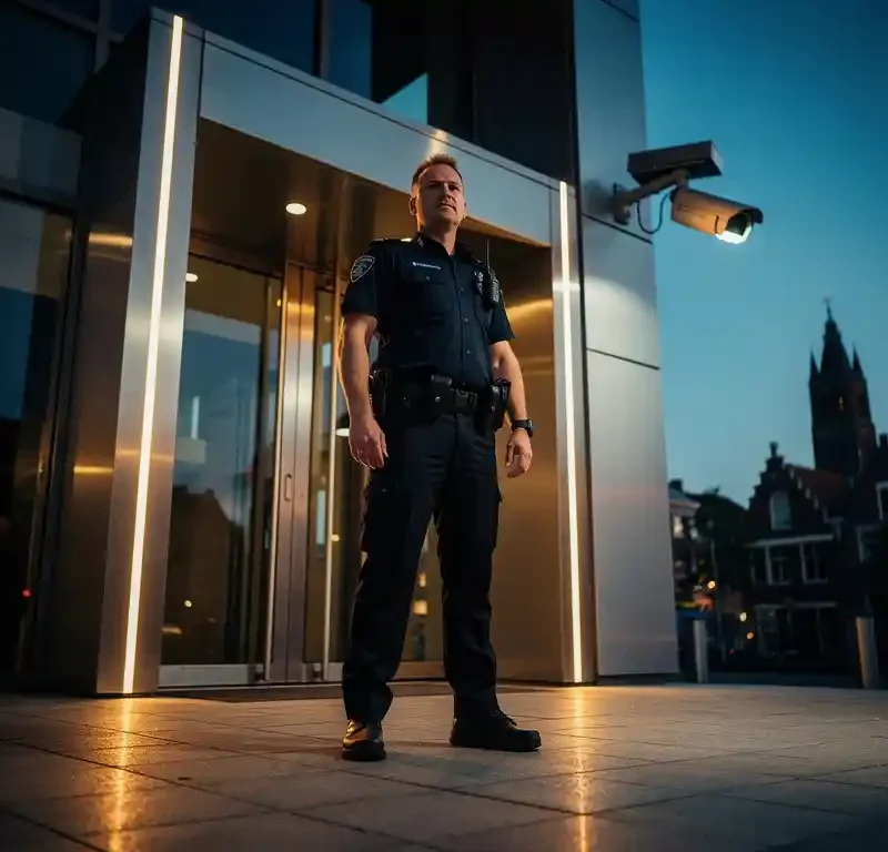 Beveiliger in uniform bij ingang van modern bedrijfspand in Gouda bij schemering, bewakingscamera zichtbaar op muur.