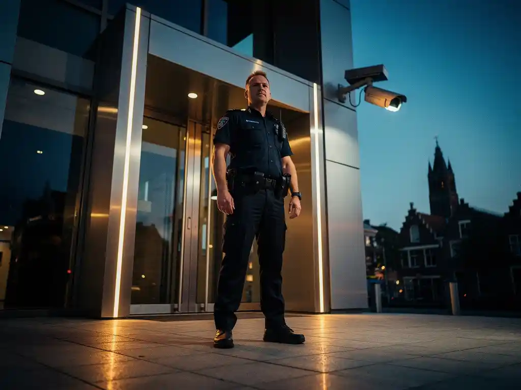 Beveiliger in uniform bij ingang van modern bedrijfspand in Gouda bij schemering, bewakingscamera zichtbaar op muur.
