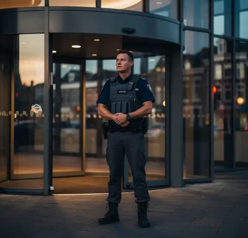 Beveiliger in uniform bij de ingang van een modern bedrijfspand in Gouda bij schemering, omgeven door warm amber straatverlichting.