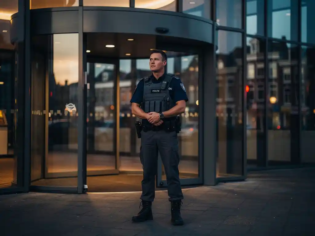 Beveiliger in uniform bij de ingang van een modern bedrijfspand in Gouda bij schemering, omgeven door warm amber straatverlichting.