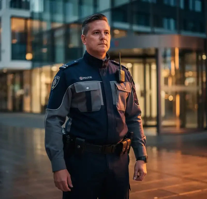 Beveiliger in uniform bij ingang van modern kantoorgebouw in Rotterdam tijdens schemering, verlicht door warm oranje straatlicht.