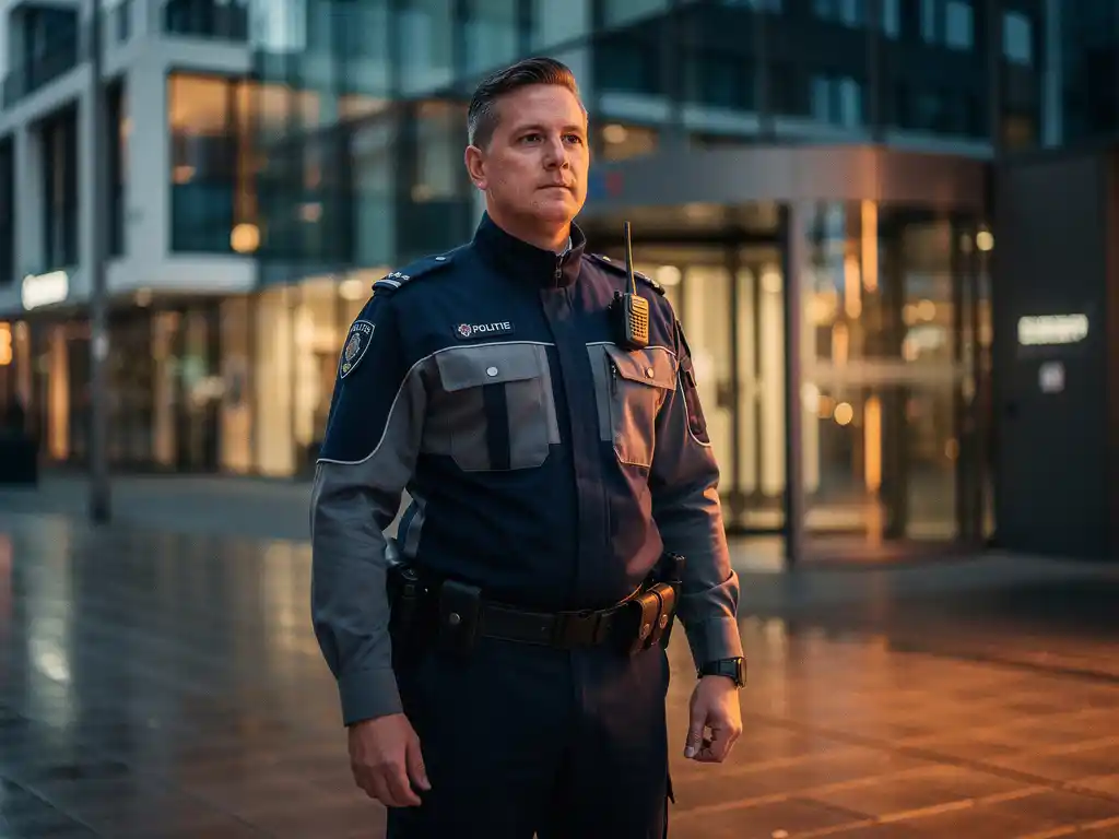 Beveiliger in uniform bij ingang van modern kantoorgebouw in Rotterdam tijdens schemering, verlicht door warm oranje straatlicht.