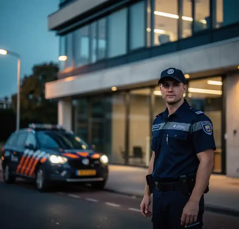 Beveiliger in uniform bij ingang van modern Nederlands kantoorgebouw bij schemering, bewakingsvoertuig geparkeerd op straat.
