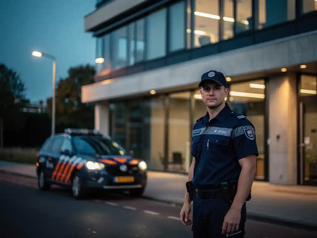 Beveiliger in uniform bij ingang van modern Nederlands kantoorgebouw bij schemering, bewakingsvoertuig geparkeerd op straat.