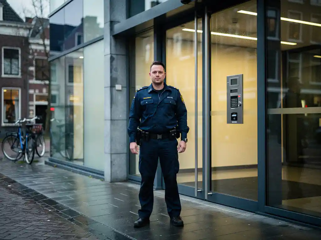 Beveiliger in uniform bij de ingang van een modern glazen kantoorgebouw in een Nederlandse stad, naast een toegangscontrolepaneel.
