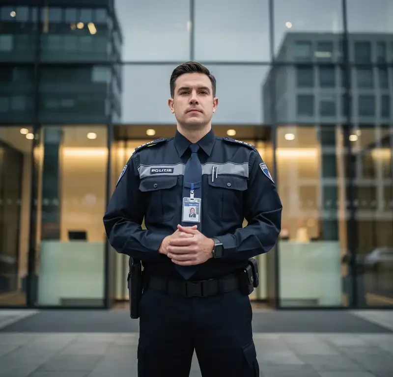 Beveiligingsmedewerker in uniform bij glazen ingang van modern kantoorgebouw in Den Haag, handen gevouwen.