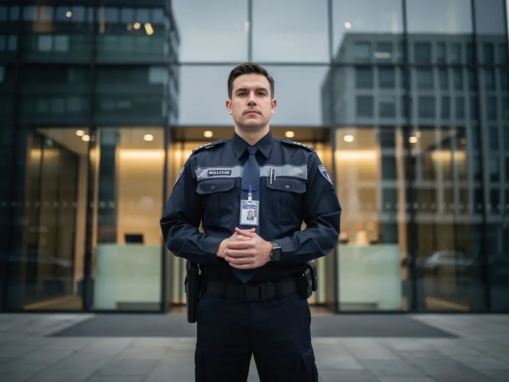 Beveiligingsmedewerker in uniform bij glazen ingang van modern kantoorgebouw in Den Haag, handen gevouwen.
