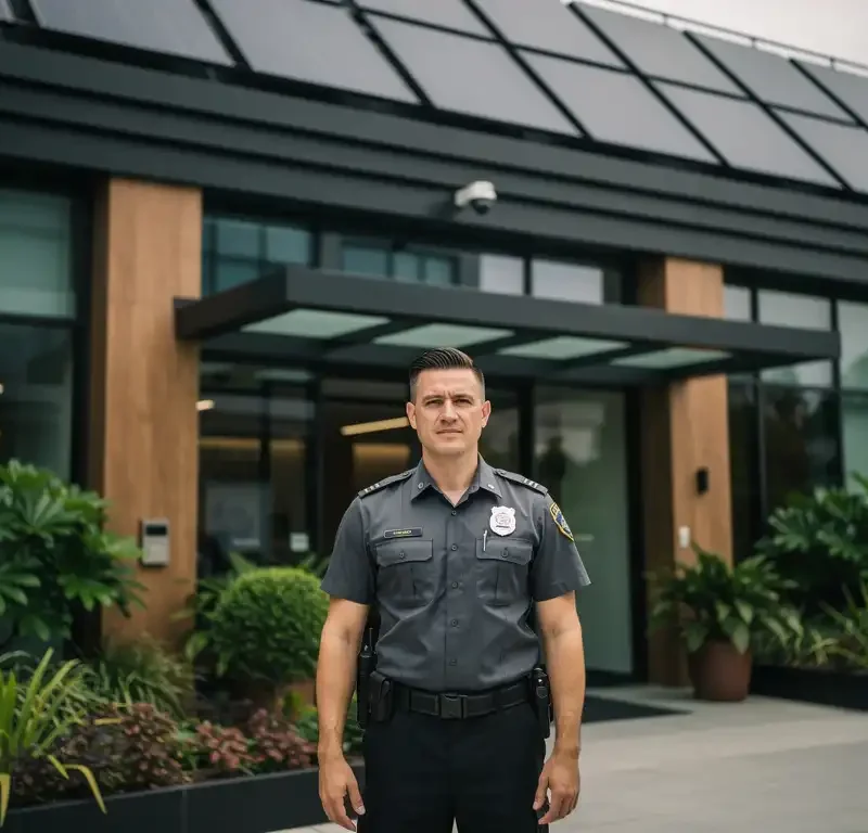 Beveiliger in uniform bij de glazen ingang van een modern kantoorgebouw met groene planten en zonnepanelen op het dak.