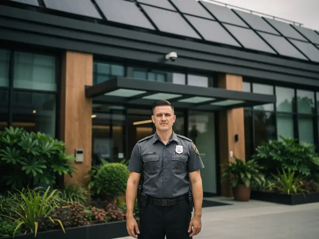 Beveiliger in uniform bij de glazen ingang van een modern kantoorgebouw met groene planten en zonnepanelen op het dak.
