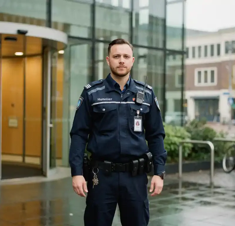 Beveiligingsbeambte in uniform bij de glazen ingang van een modern kantoorgebouw in Den Haag, bewolkt daglicht.