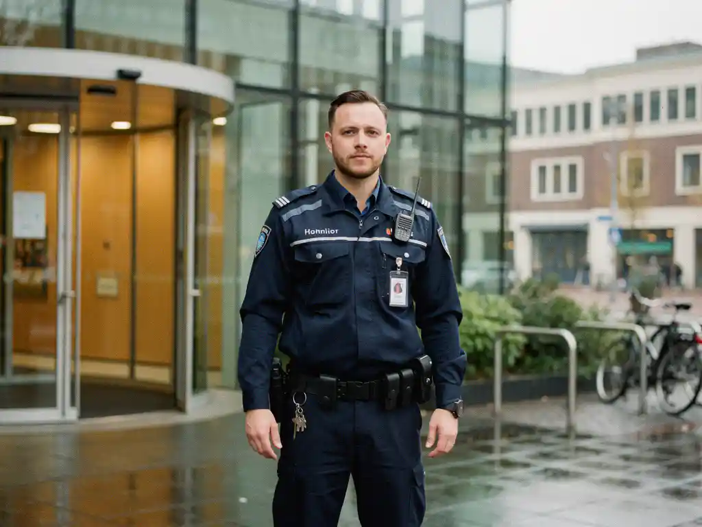Beveiligingsbeambte in uniform bij de glazen ingang van een modern kantoorgebouw in Den Haag, bewolkt daglicht.