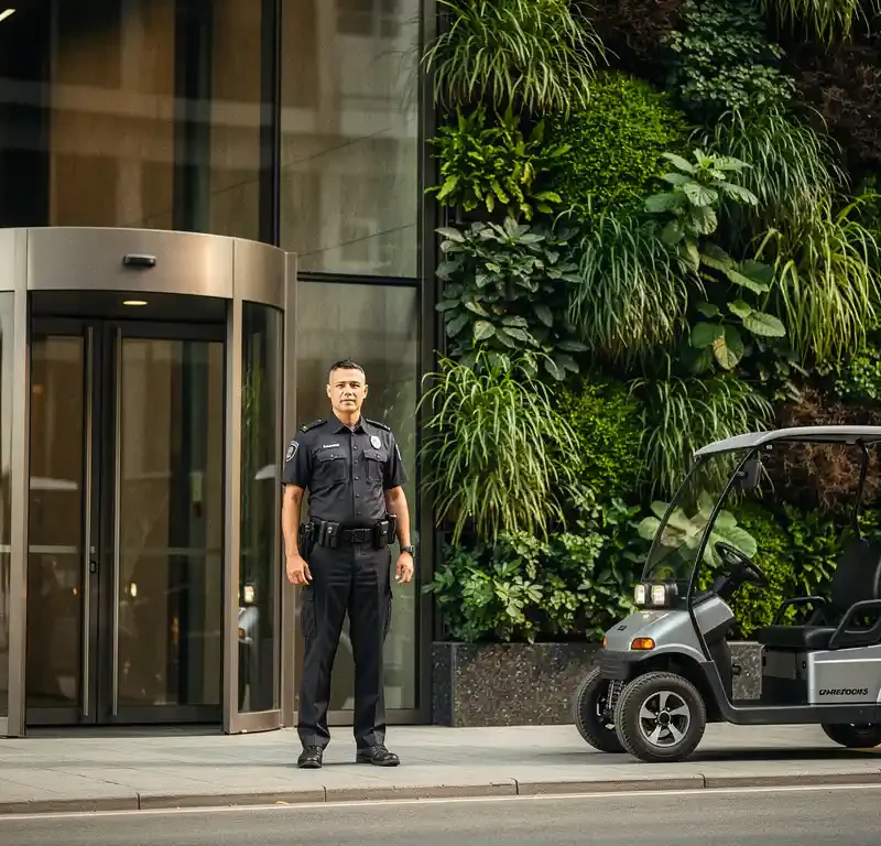 Beveiliger in donker uniform bij ingang van modern kantoorgebouw met groen plantenwand en elektrisch patrouilevoertuig.