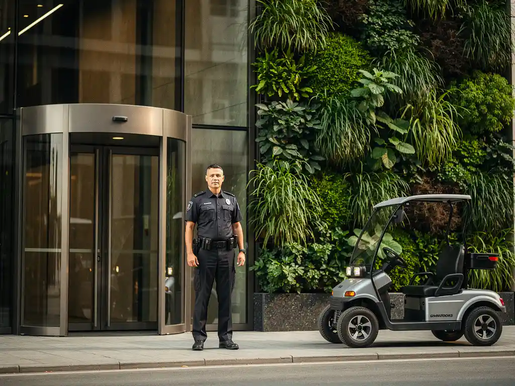 Beveiliger in donker uniform bij ingang van modern kantoorgebouw met groen plantenwand en elektrisch patrouilevoertuig.
