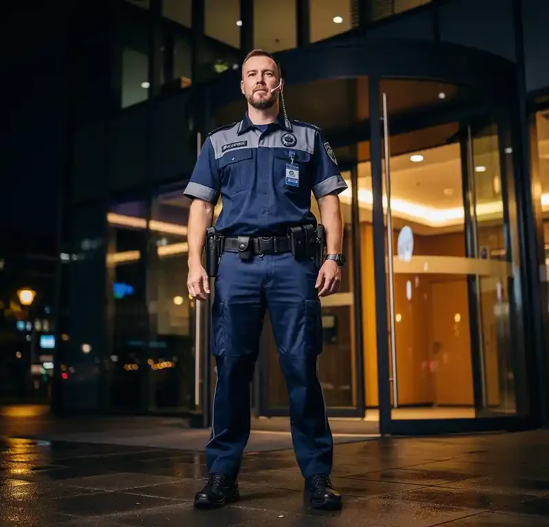 Beveiligingsbeambte in uniform bij de ingang van een glazen kantoorgebouw in Rotterdam, alert aanwezig op natte klinkers bij nacht.