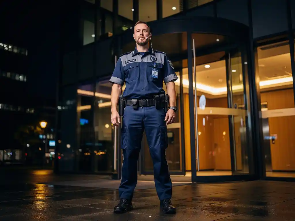 Beveiligingsbeambte in uniform bij de ingang van een glazen kantoorgebouw in Rotterdam, alert aanwezig op natte klinkers bij nacht.